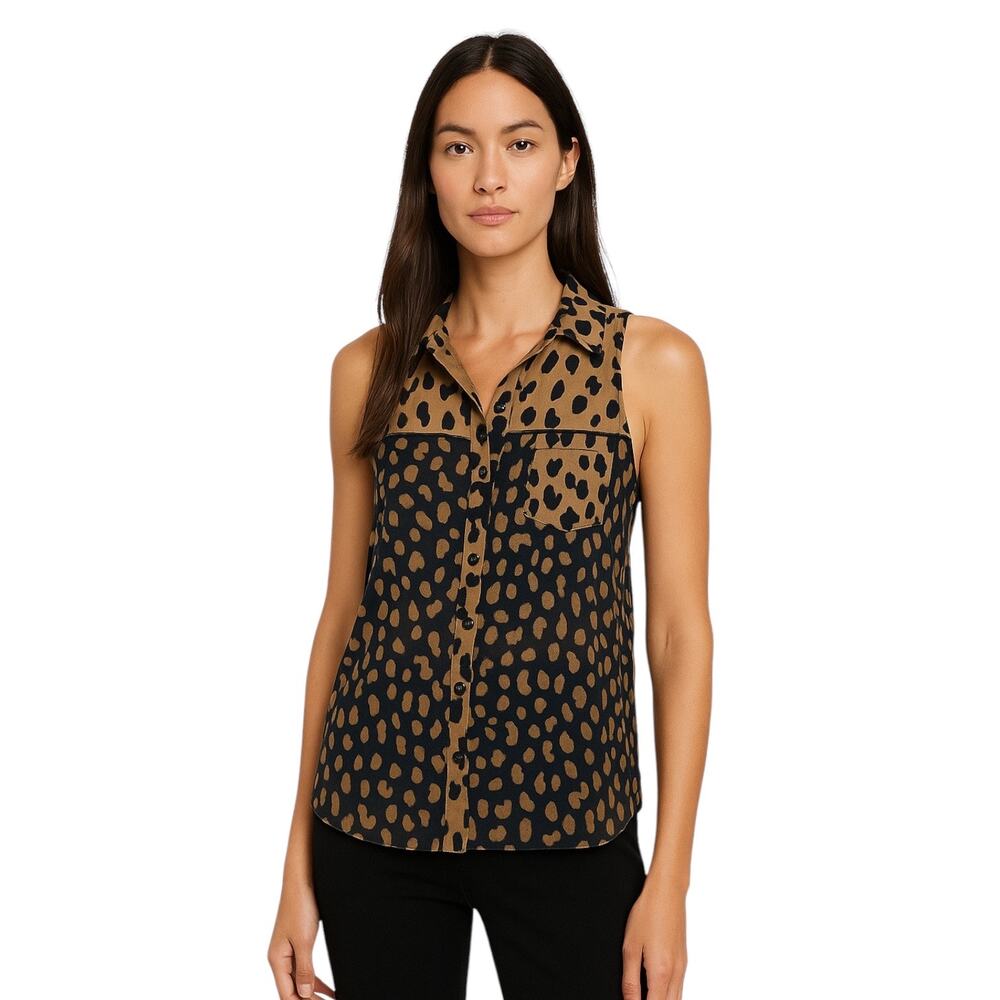 Rachel Roy Tan Black Animal Leopard Print Sleeveless Button Up Shirt Tank Top S